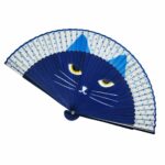 Leque dobrável em seda e bambu com estampa de gato